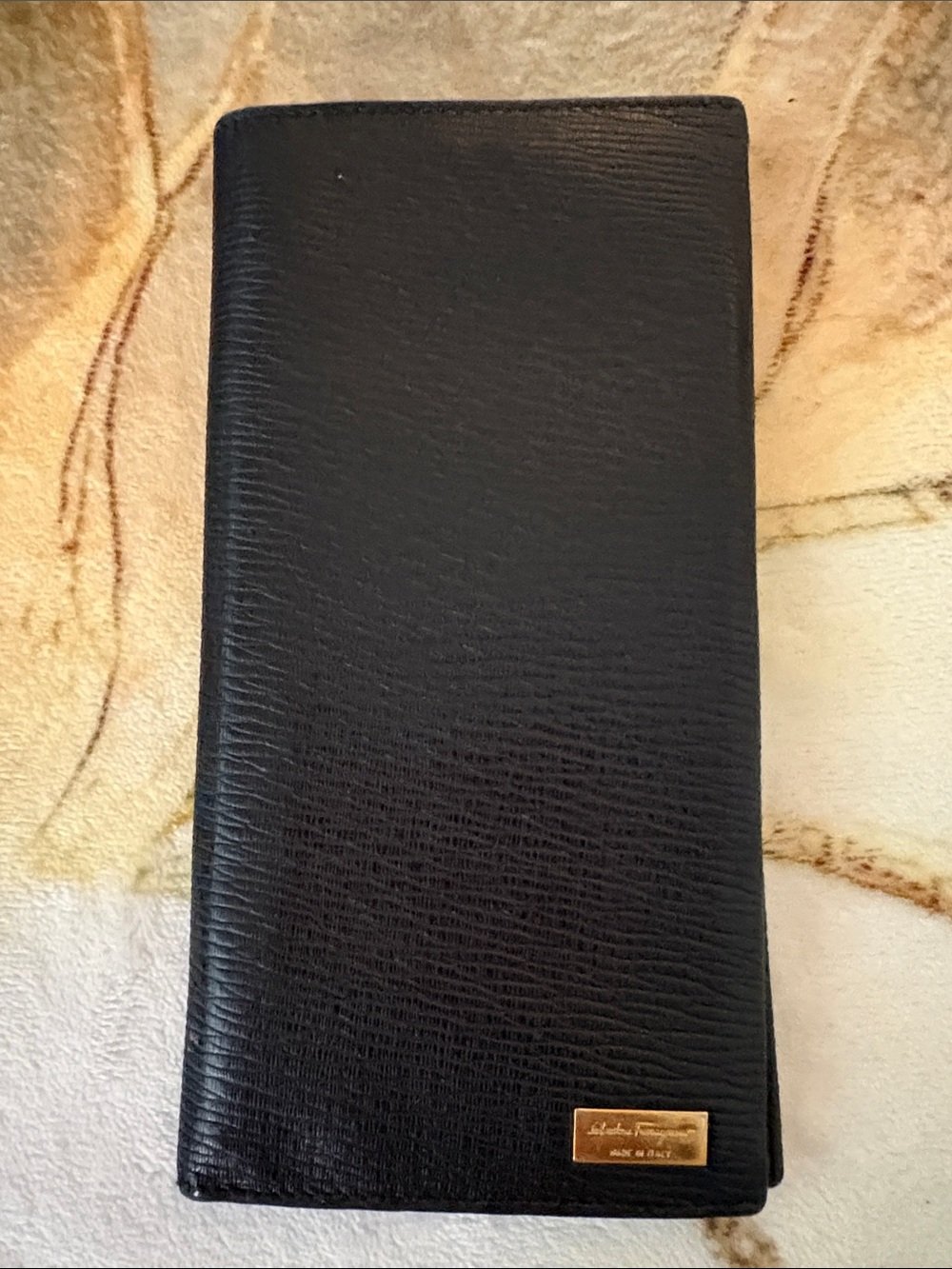 Salvatore Ferragamo Vintage Black Textured Leather Long Wallet - Gold Interior